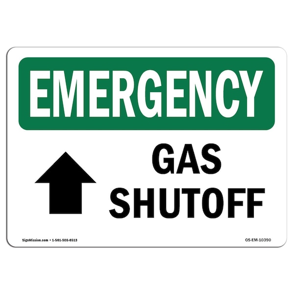 Safety Sign, OSHA EMERGENCY, 7" Height, Aluminum, Gas Shutoff (Up Arrow), Landscape